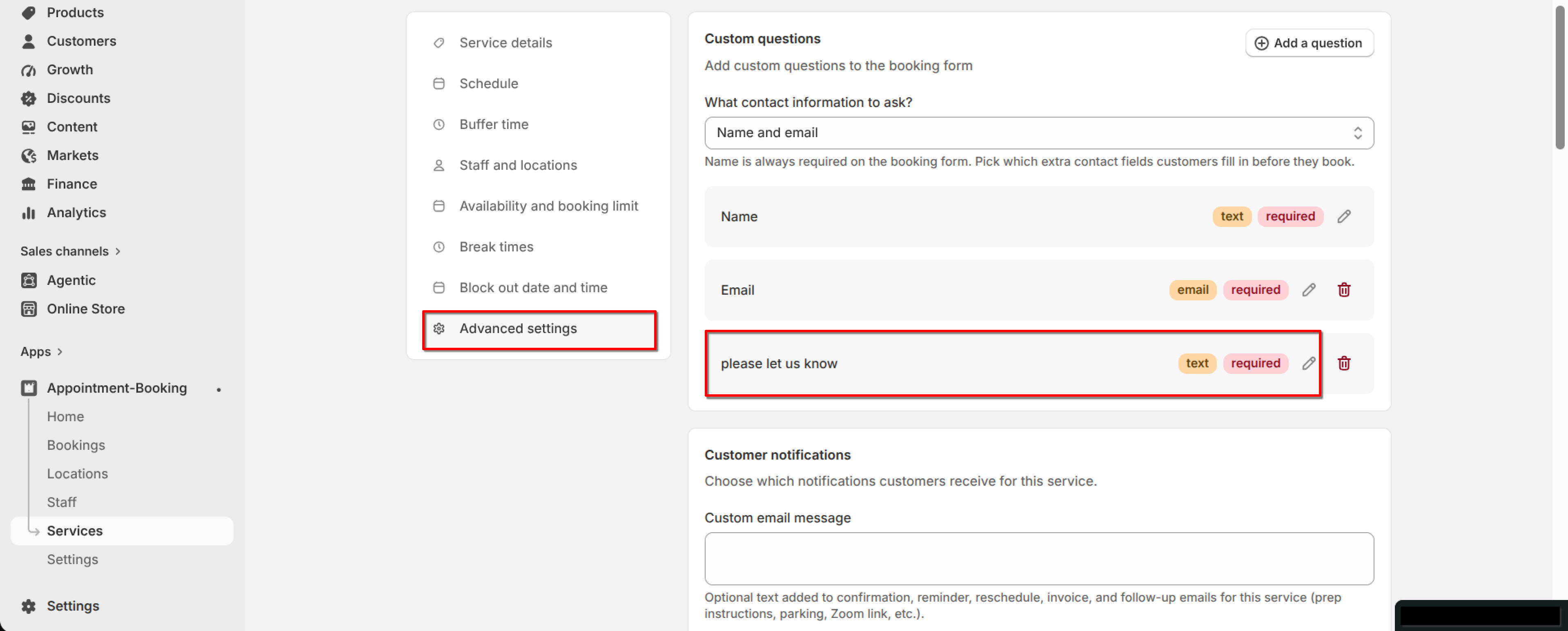Custom questions list with a new question, "please let us know", added below Name and Email